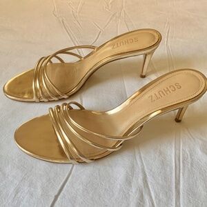Schutz Inez Sling Mid Heel in Metallic Gold 8.5